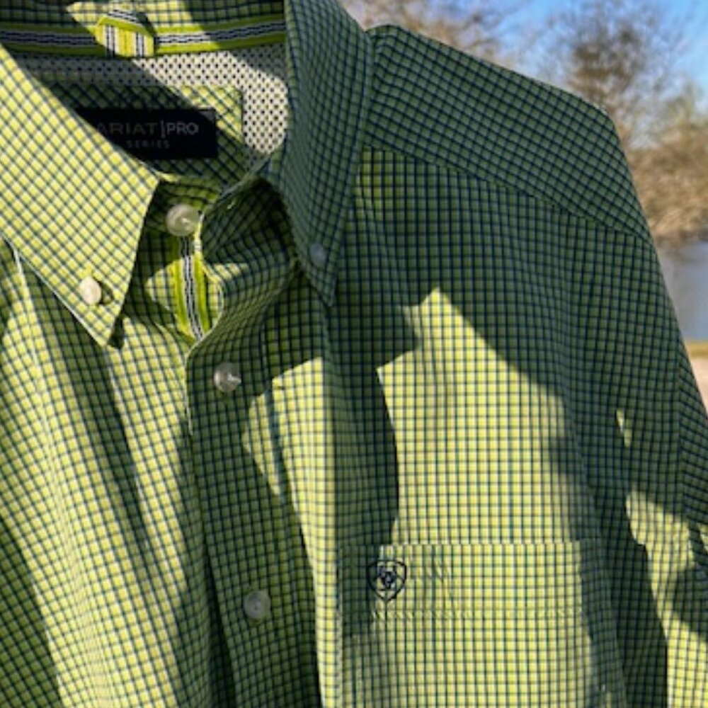 Ariat Pro Series Western Shirt Men's L Green Check Button Down Ranch Rodeo